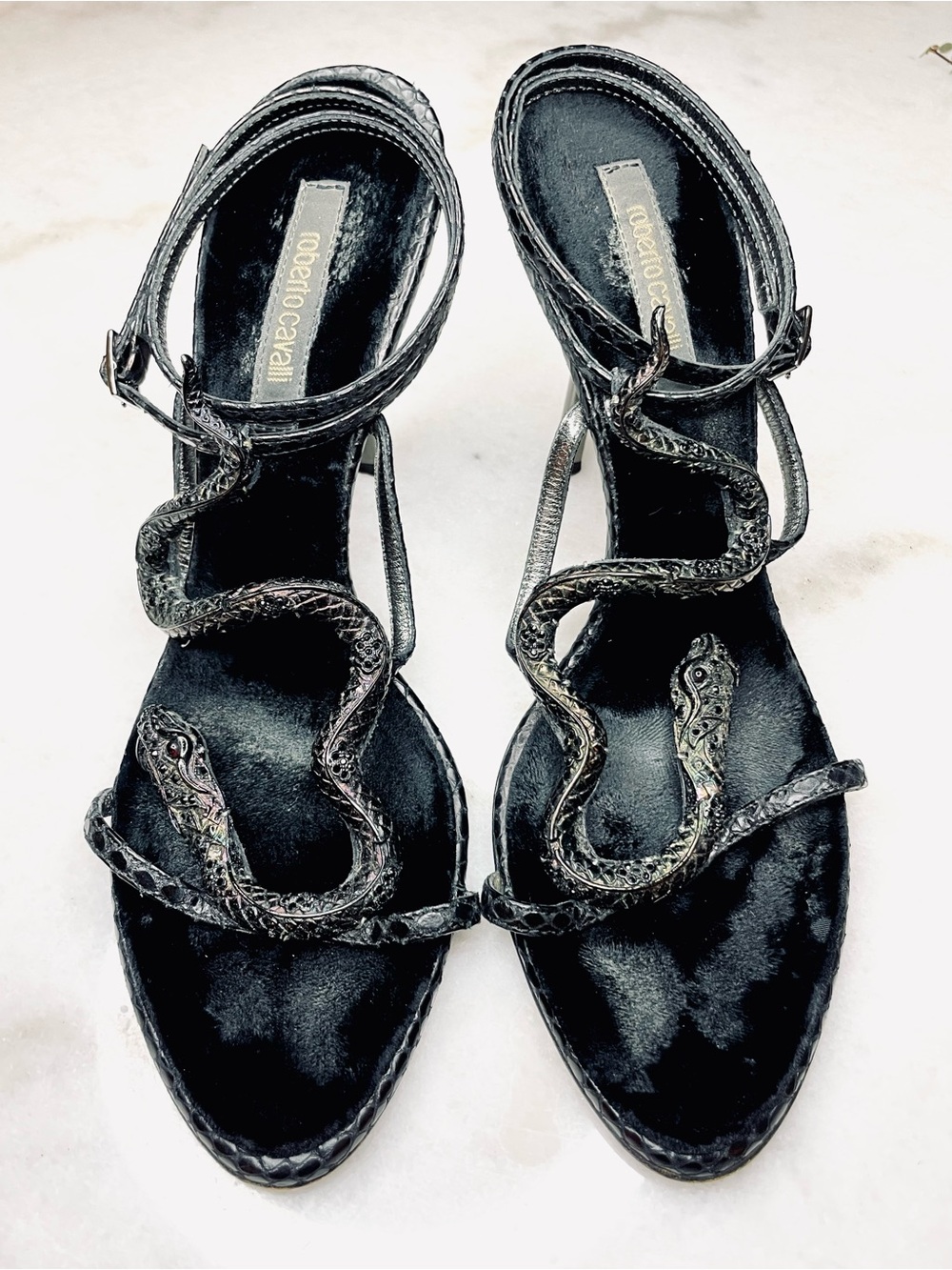Roberto Cavalli Rhinestone Metal Snake Heels – Couture Edition (38.5)